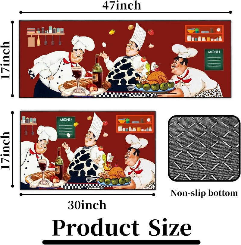 UYDOXCU 2 Piece Fat Chef Kitchen Rug Set, Red Modern Rustic Vintage Decor Kitchen Floor Mat, Non-Slip Absorbent and Washable Home Decoration Carpet 17 * 30+17 * 47 Inches - Image 2